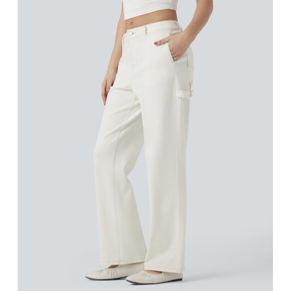 Halara Flex Carpenter Denim Jeans XL Ivory High Rise Straight Leg Stretch - Picture 2 of 9